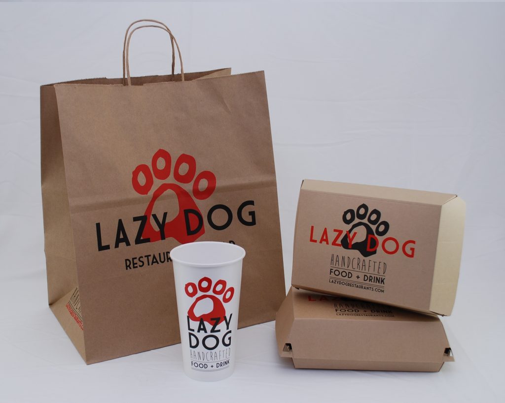 Custom carryout packaging for Lazy Dog restaurant