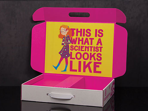 Corrugated shipping box with interior custom printing in bright colors